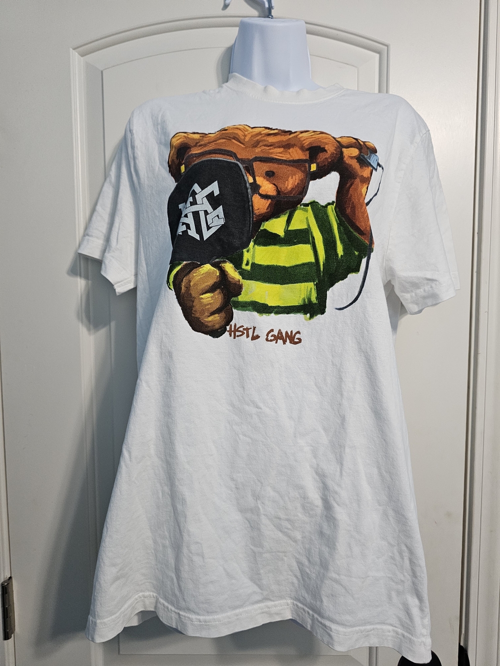 Hustle Gang White Graphic Bear Tee with Green Stripes